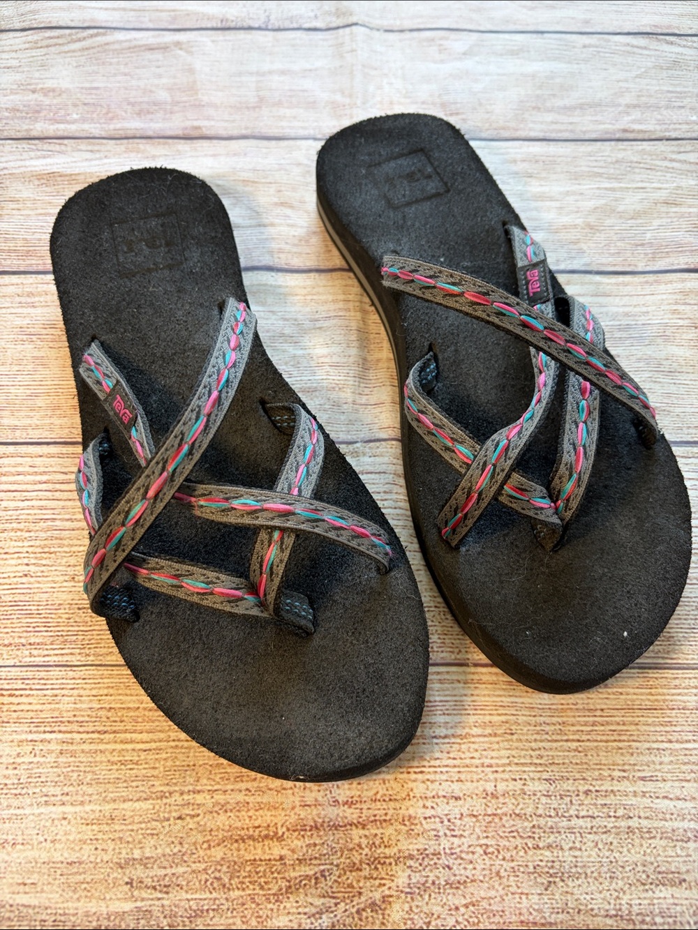 Teva Black Crisscross Sandals with Pink & Teal Stitching Size 8